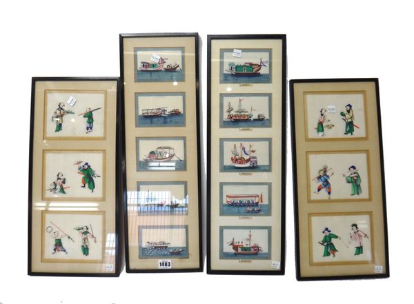 A group of ten Canton small paintings on rice paper, each painted with a boating subject, 7cm. by 10.5 cm, in two frames; also a set of six rice paper