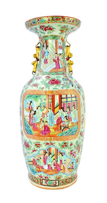 A large Canton celadon ground famille-rose two -handled vase, mid 19th century, one side painted with three figurative panels, the reverse painted in