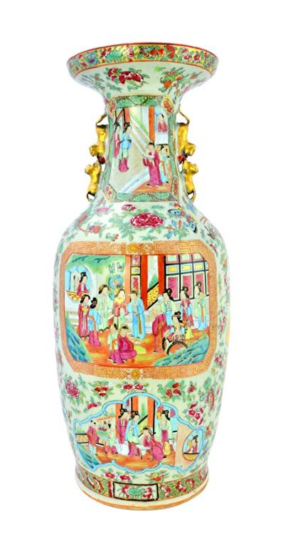 A large Canton celadon ground famille-rose two -handled vase, mid 19th century, one side painted with three figurative panels, the reverse painted in