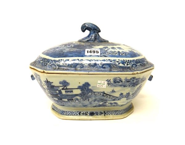A Chinese export blue and white canted rectangular tureen and associated cover, each painted with a landscape and set with hares head handles, 36cm, w