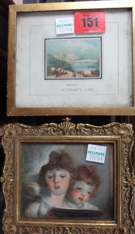 A group of three, including a miniature watercolour of Blois by F. Mercy, a small oil of singing children, and a crayon study of a bull terrier signed
