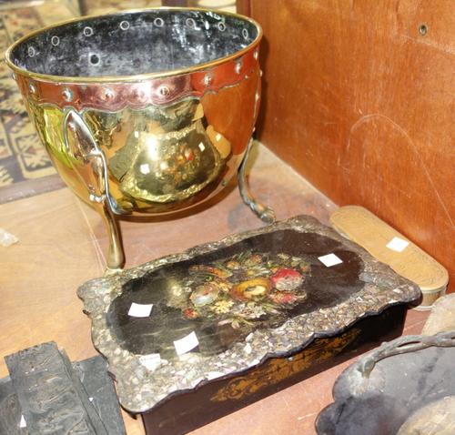 A 19th century Dutch tobacco box, a late 19th century copper and brass jardinière and a papier mache writing slope (a.f). (3)