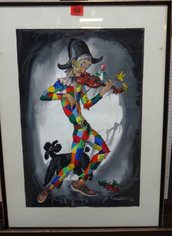 Jo Coullet (20th century), Harlequin, gouache, signed and dated '74, (1).