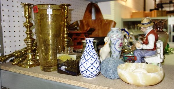 A quantity of ceramics and collectables, including Whitefriars style bubble inclusion yellow glass, brass candlesticks, a metal bound bible, a glass m