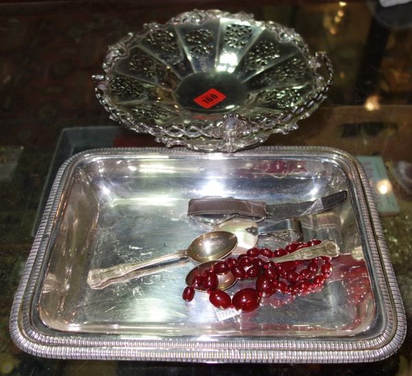 A quantity of silver plate, including tea spoons, an entree dish, a cake basket, a bead necklace and a Rone wristwatch.