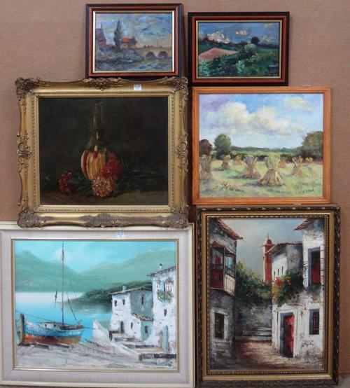 A group of six 20th century oil paintings, including Continental scenes and a harvest field, (6)