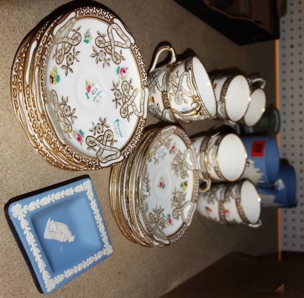 A floral and gilt decorated tea set and a group of Wedgwood Jasperware items. (qty)