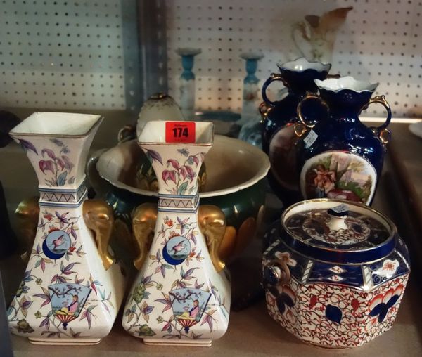 A quantity of ceramics, including vases, an Imari decorated biscuit barrel, a dressing table set and sundry. (qty)