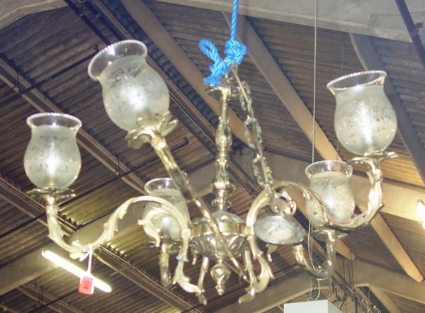 A 20th century metal five branch chandelier, and another. (2)