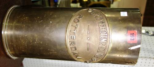 A large shell case converted to a stick stand, with applied plaque 'Rotterdam', (1).
