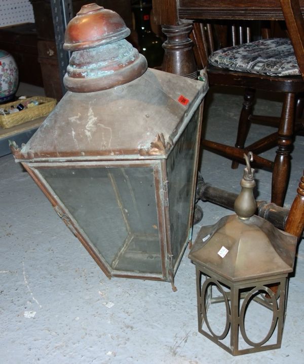 A large 19th century copper lantern, and another smaller lantern. (2)