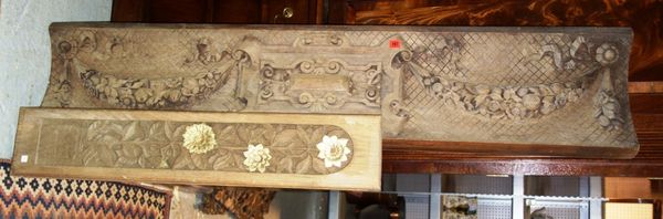 A large carved panel depicting floral swags, and a hardwood pierced panel. (2)