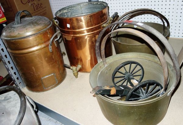 A group of four copper buckets with handles, a copper lidded water urn, coal scuttle and cannon. (7)