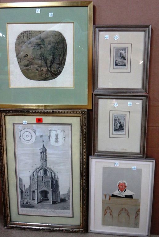 A group of assorted engravings and pictures, including an engraving of Chichester Cross, a Chinese watercolour on silk and others.(qty)