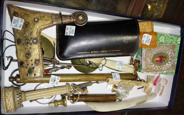 A quantity of collectables including a 19th century ivory desk thermometer, a Middle Eastern dagger scabbard, vintage rules, scales and sundry. (qty)