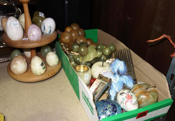 A group of collectables, including specimen hardstone eggs, paperweights, a jade puzzle bowl and sundry. (qty)