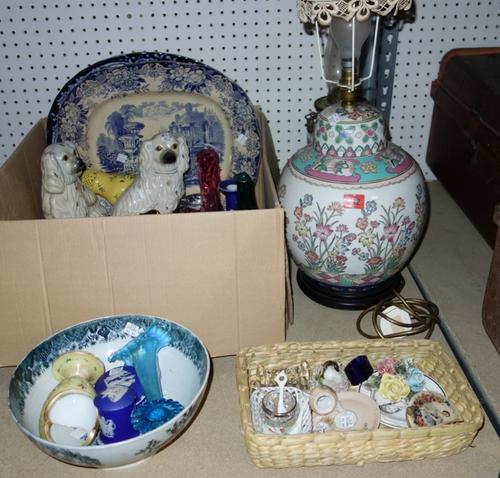 A quantity of ceramics, including blue and white serving plates, glass vases, Jasperware items, a yellow pottery sugar caster and sundry. (qty)