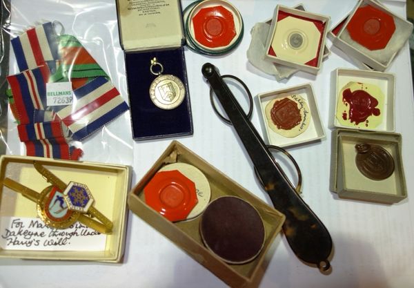 A quantity of collectables including lorgnettes, medallions, fob relating to Exeter School, Rotary club medal and sundry.