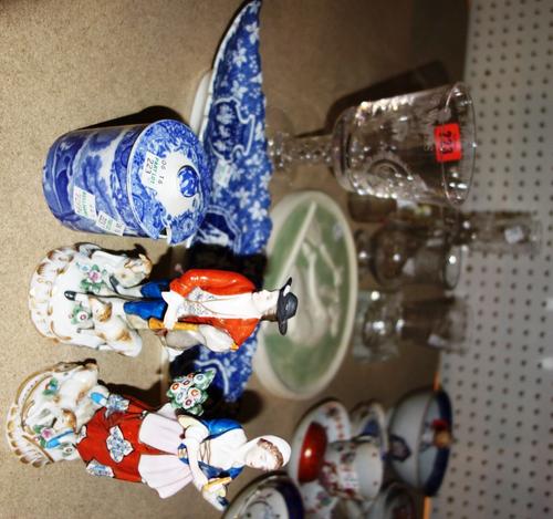 A pair of Continental porcelain figures, a group of glass, and sundry. (qty)