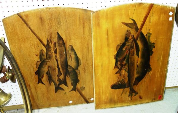 A pair of painted wooden panels depicting fish. (2)