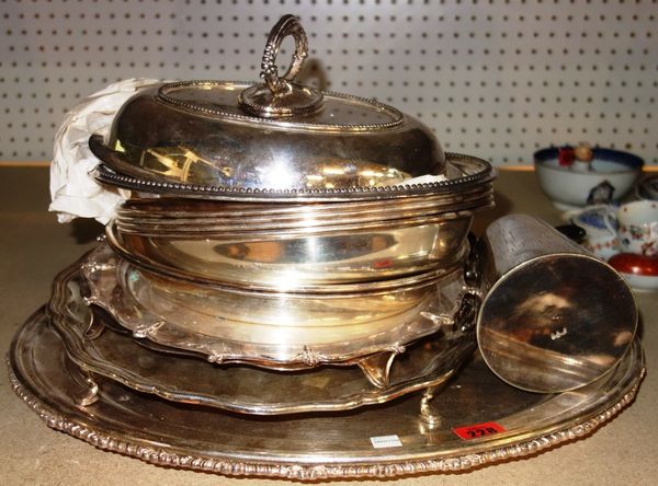 A quantity of assorted silver plate, including salvers, trays and sundry. (qty)