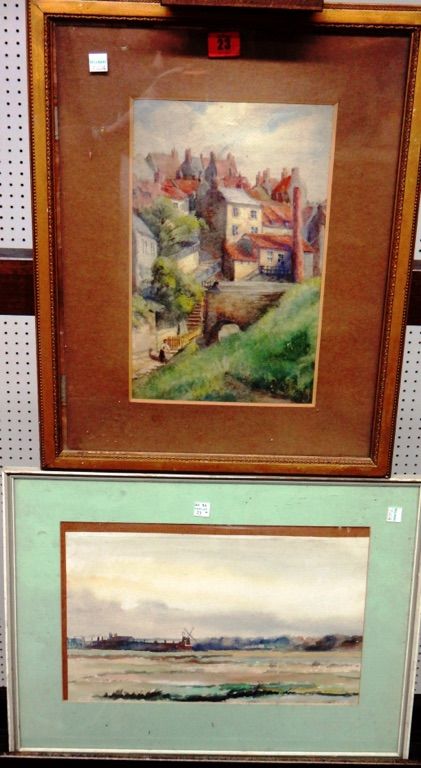 A watercolour village scene, early 20th century, and a watercolour landscape by another hand.(2)