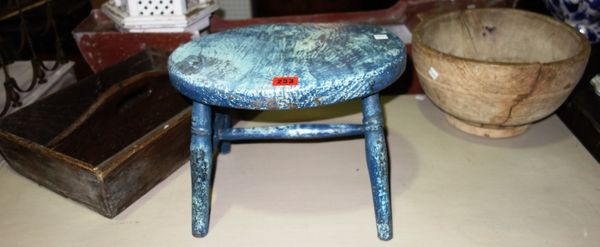 A blue painted oval stool, a cutlery box and a turned bowl. (3)