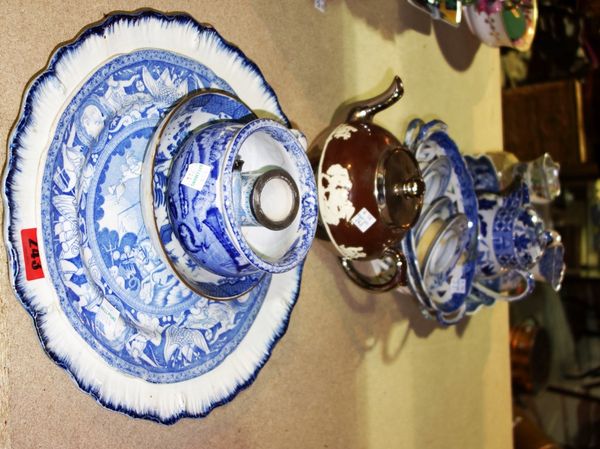 A blue and white Staffordshire plate and a small group of blue and white transfer printed wares and a Masons Ironstone jug, (qty)
