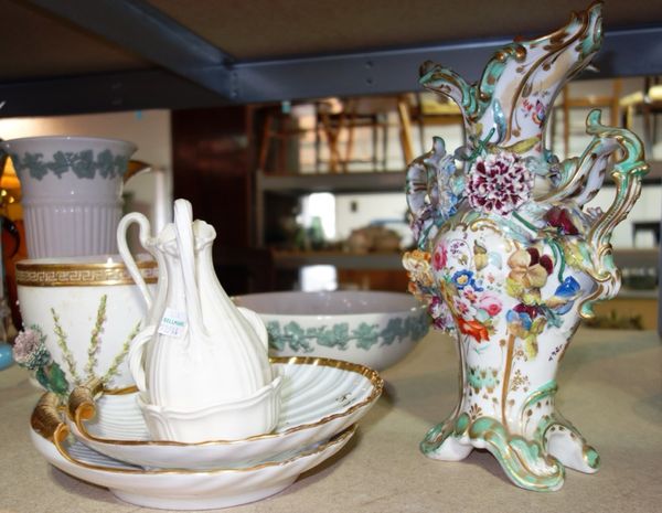 A Wedgwood bowl and vase, a Staffordshire flower encrusted vase, a Staffordshire bowl with applied flower, a pair of porcelain shell dishes and a oil