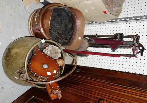 A wrought iron fire stand, together with two copper buckets and a pair of bellows. (4)