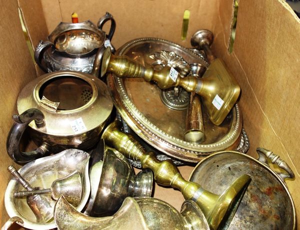 A collection of plated wares and a pair of brass candlesticks, (qty).