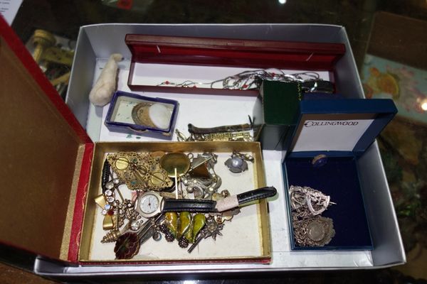 A quantity of costume jewellery including broaches, watches and necklaces. (qty)