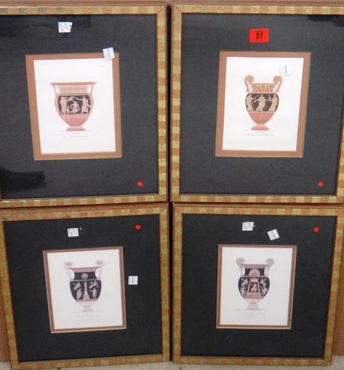 A group of assorted prints, including four reproduction prints of classical urns, a set of five reproductions of early 20th century Japanese erotic ph