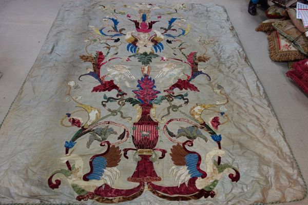 A silk double bed spread with appliqued decoration, (1).