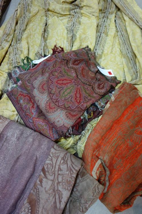 A gold silk damask curtain, four machine made Paisley shawls, pair of brown curtains and another, (qty)