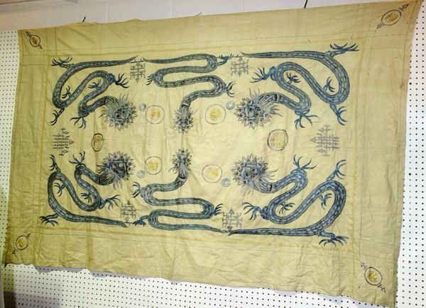 A Chinese silk embroidered panel depicting a blue dragon, (1).