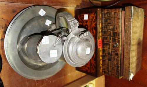 A rosewood and inlaid jewellery box, a faux crocodile skin mounted box and a group of pewter. (qty)