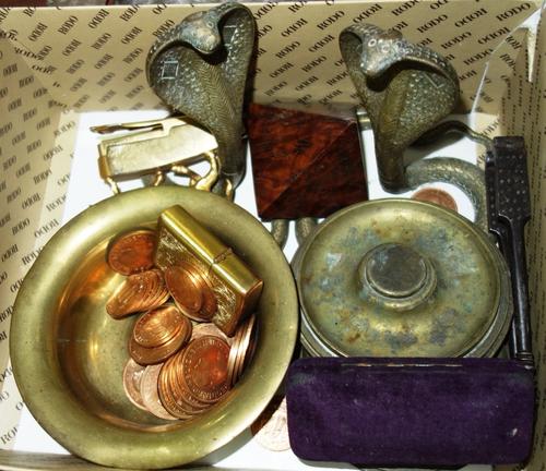 A quantity of assorted collectables including stick pins, coins, candlesticks, trench art and sundry.