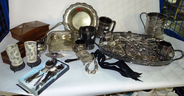 A quantity of assorted silver plate, including tankards, flatware, trays and sundry. (qty)