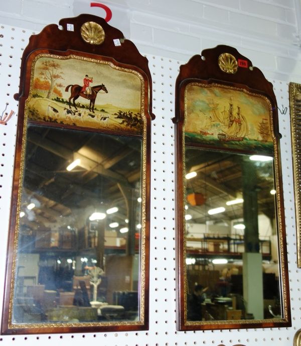 A pair of mahogany fret cut pier mirrors, 33.5cm x 81cm. (2)