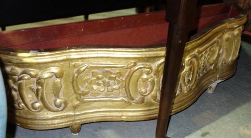 A serpentine gilt jardinière, approx 117cm wide and an oak side chair. (2)