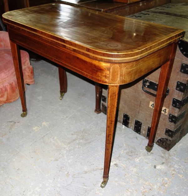 A 19th century mahogany and satinwood banded foldover card table, 93cm wide.