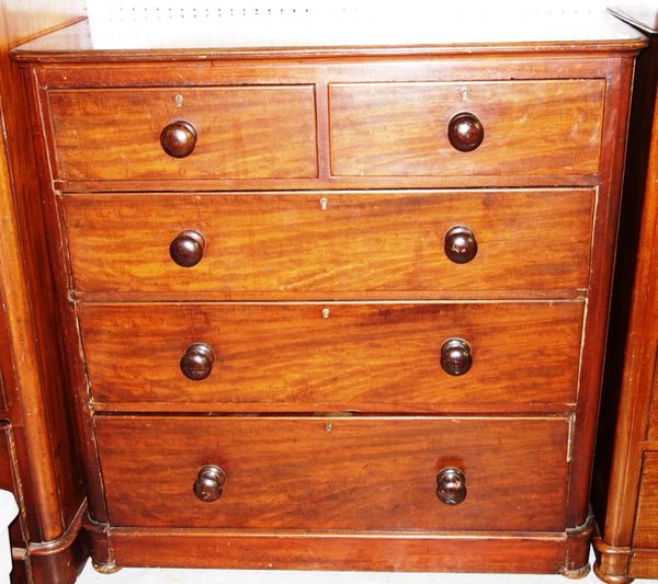 A 19th century mahogany chest of two short and three long graduated drawers, on a plinth base, 103cm wide.