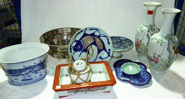 A group of 19th century and later Oriental items, including a pair of baluster vases, bowls, plates, an enamelled metal tray and sundry. (qty)