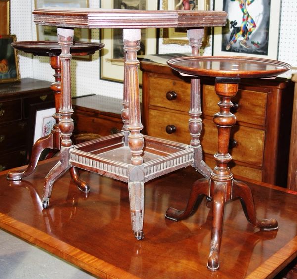 An octagonal walnut occasional and two mahogany wine tables and blue painted wall cabinet. (4)