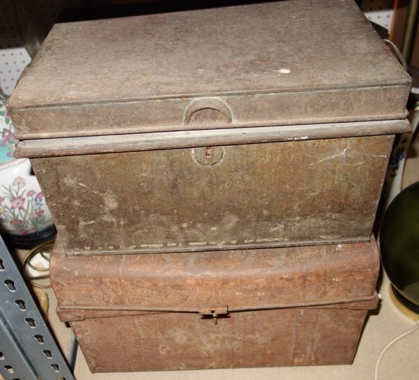 A group of three early 20th century tin trunks and a silver plated meat dome (4)
