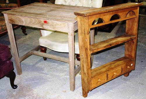 A 20th century oak slatted table, 76cm wide and a pine wall shelf, 63.5cm wide. (2)