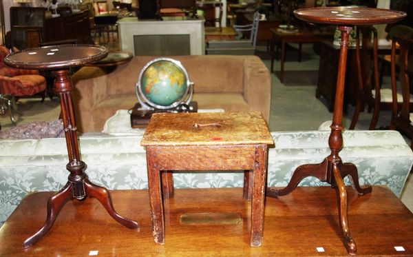 A mahogany wine table, another similar, and a mahogany stool. (3)