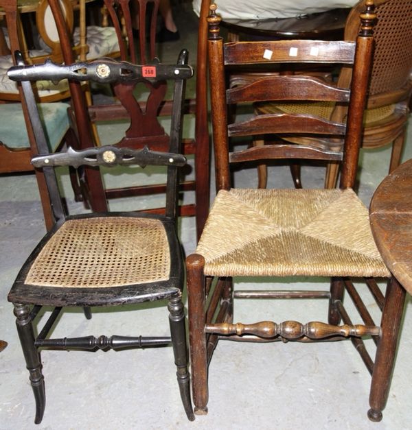 A pair of 19th century oak ladder back chairs and a pair of ebonised bedroom chairs. (4)
