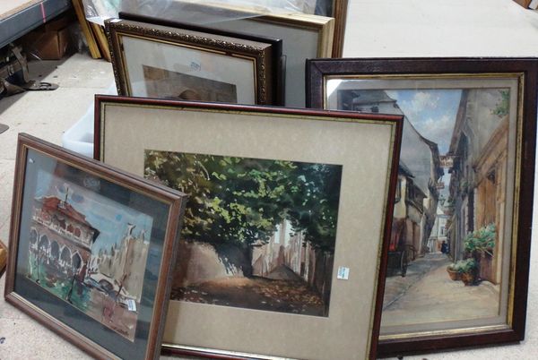 A group of assorted 20th century watercolours and drawings, including one of Venice and various Continental scenes, (qty).
